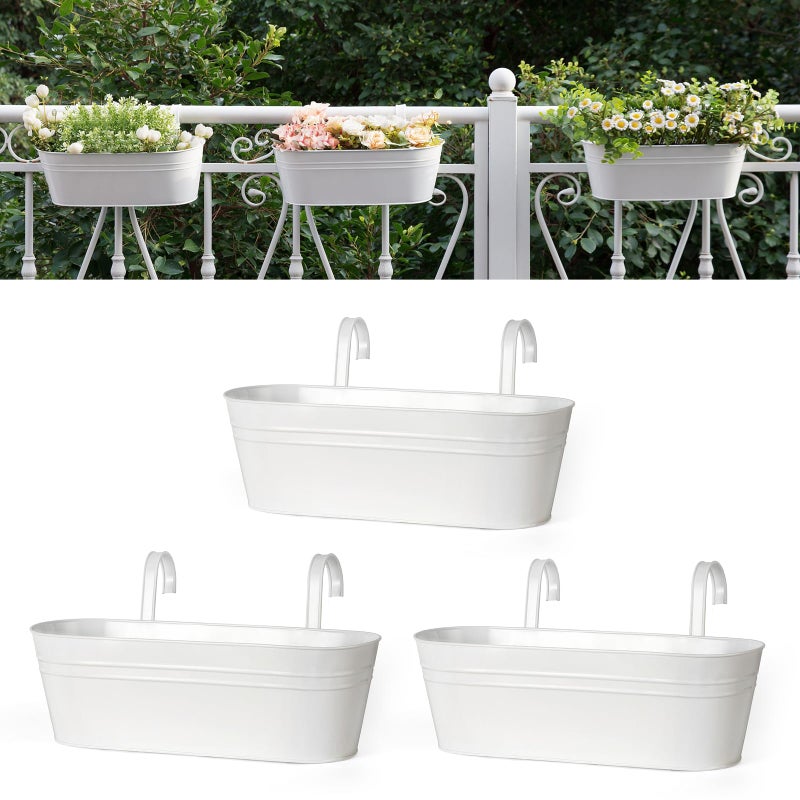 Dahey 3 Pcs Metal Iron Hanging Flower Pots for Railing Fence 15.7 Inch Hanging Bucket Pots Countryside Style Window Flower Plant Holder with Detachable Hooks for Garden Yard Home Decor, White - Image 1