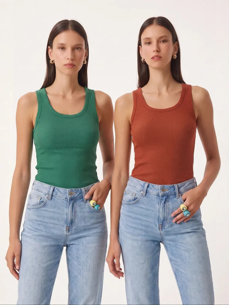 هابينس اسطنبول ISTANBUL Fitted U Collar Knitted 2- Pack Tank Top