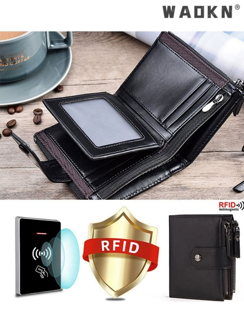 دبليو أيه أو كي أن محافظ رجالية ، محافظ جلدية رجالية محمية RFID كليب بطاقة الائتمان محافظ قابلة للطي ، مع جيوب عملة سستة مزدوجة مطوية محافظ رجالية محمية بطاقة الائتمان كليب محافظ الجيب عملة ، هدايا رجالية ( أسود ) - Image 3