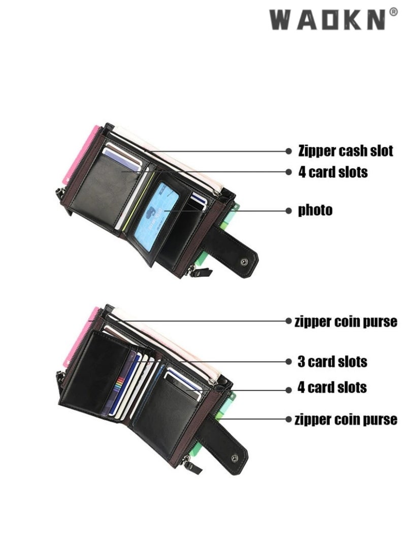 دبليو أيه أو كي أن محافظ رجالية ، محافظ جلدية رجالية محمية RFID كليب بطاقة الائتمان محافظ قابلة للطي ، مع جيوب عملة سستة مزدوجة مطوية محافظ رجالية محمية بطاقة الائتمان كليب محافظ الجيب عملة ، هدايا رجالية ( أسود ) - Image 2