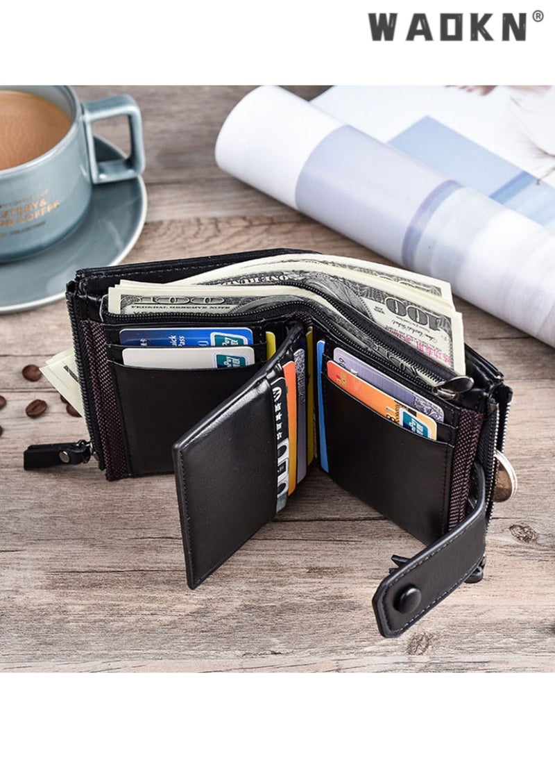 دبليو أيه أو كي أن محافظ رجالية ، محافظ جلدية رجالية محمية RFID كليب بطاقة الائتمان محافظ قابلة للطي ، مع جيوب عملة سستة مزدوجة مطوية محافظ رجالية محمية بطاقة الائتمان كليب محافظ الجيب عملة ، هدايا رجالية ( أسود ) - Image 4