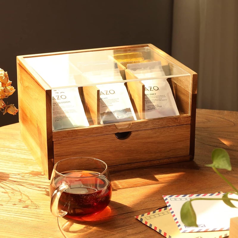 HTB Large Tea Organizer 2 Tier with Drawer by , Tea Bag Organizer with Acrylic Transparent Hinged Lid, 9 Compartments Wooden Tea Bag Holder for Home, Office, Tea Parties - Image 2