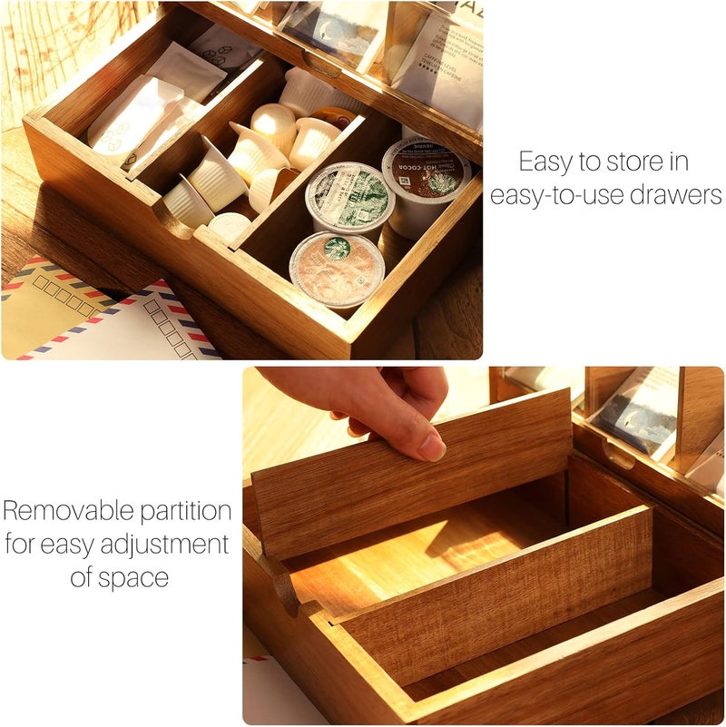 HTB Large Tea Organizer 2 Tier with Drawer by , Tea Bag Organizer with Acrylic Transparent Hinged Lid, 9 Compartments Wooden Tea Bag Holder for Home, Office, Tea Parties - Image 3
