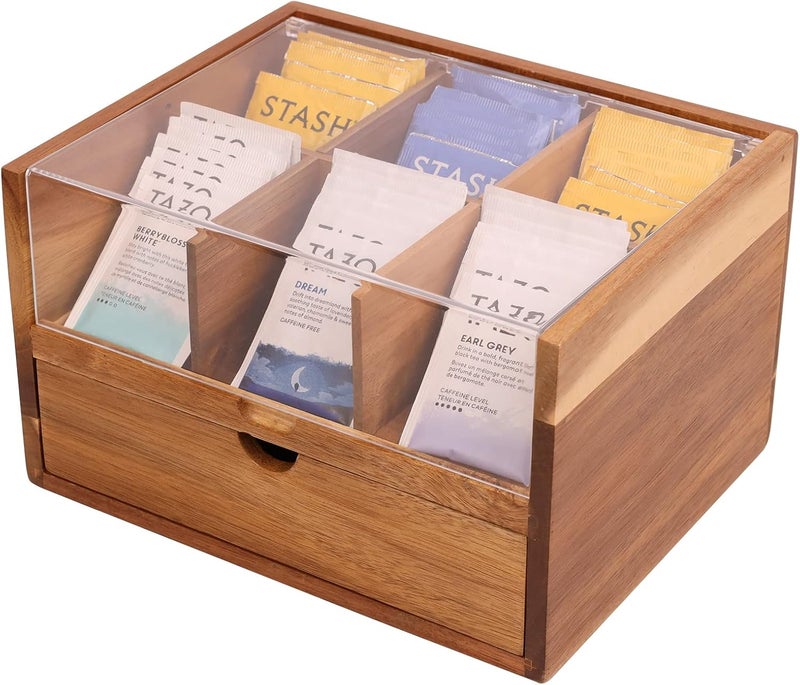 HTB Large Tea Organizer 2 Tier with Drawer by , Tea Bag Organizer with Acrylic Transparent Hinged Lid, 9 Compartments Wooden Tea Bag Holder for Home, Office, Tea Parties - Image 1