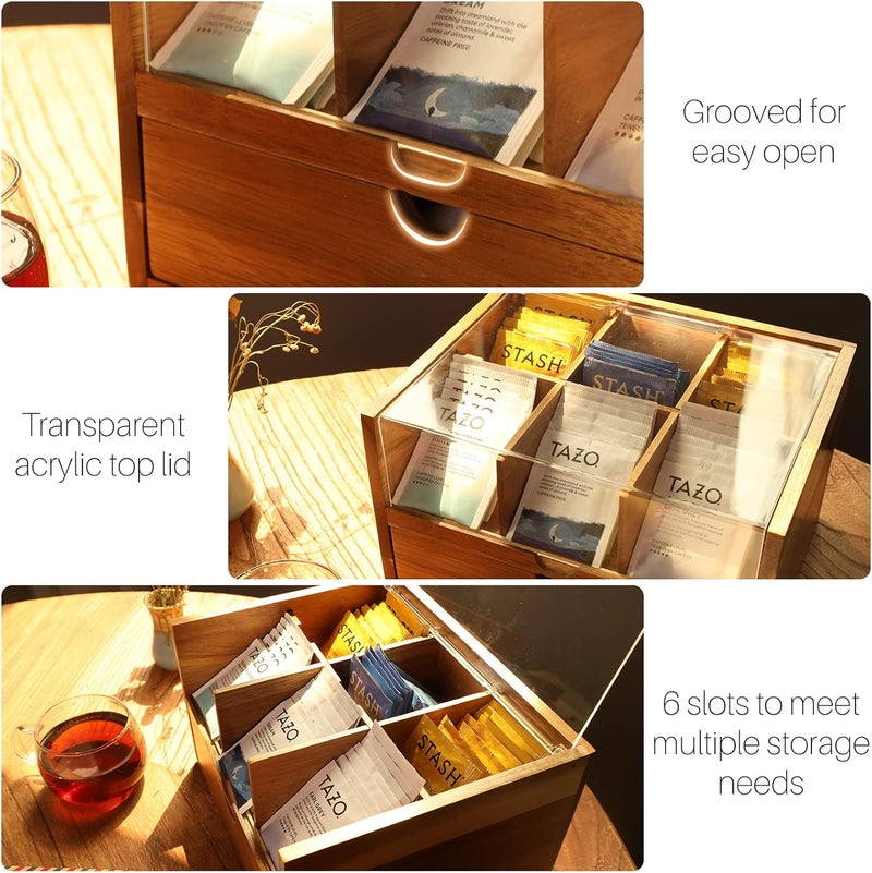 HTB Large Tea Organizer 2 Tier with Drawer by , Tea Bag Organizer with Acrylic Transparent Hinged Lid, 9 Compartments Wooden Tea Bag Holder for Home, Office, Tea Parties - Image 4