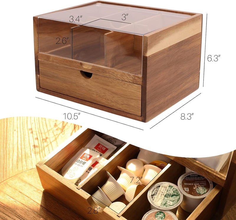 HTB Large Tea Organizer 2 Tier with Drawer by , Tea Bag Organizer with Acrylic Transparent Hinged Lid, 9 Compartments Wooden Tea Bag Holder for Home, Office, Tea Parties - Image 5