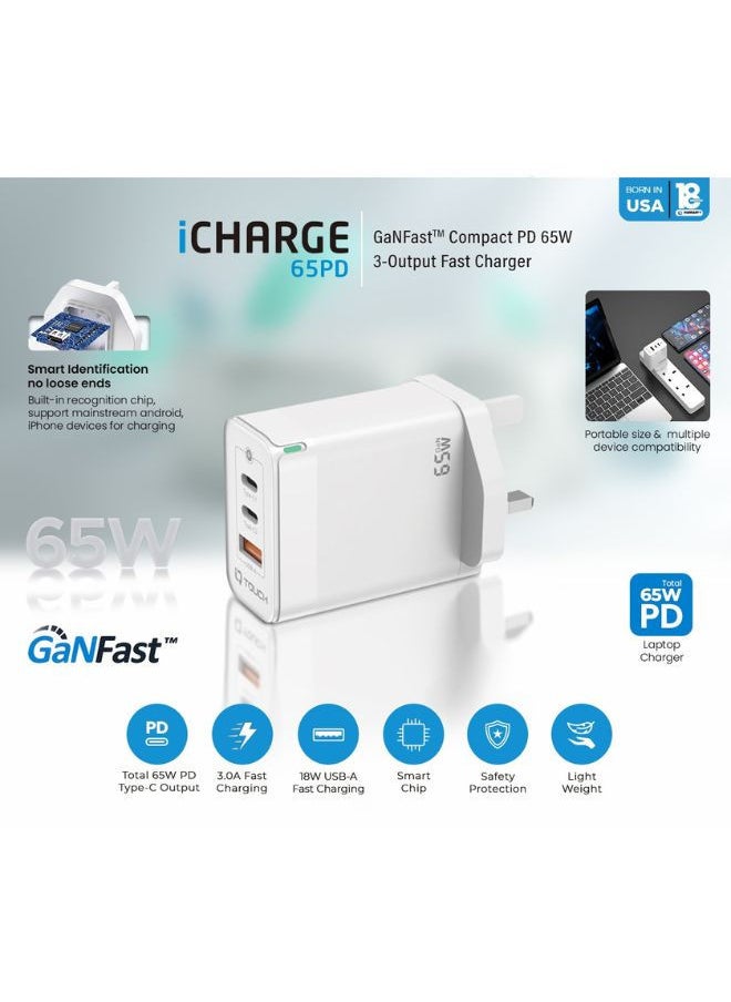 IQ TOUCH IQ Touch GaN Mini 65W USB-C Charger – 3-Port Fast Charging (2 USB-C + 1 USB-A), 65W PD, GaN Technology, Smart Chip, Compact & Lightweight – White  - Image 2