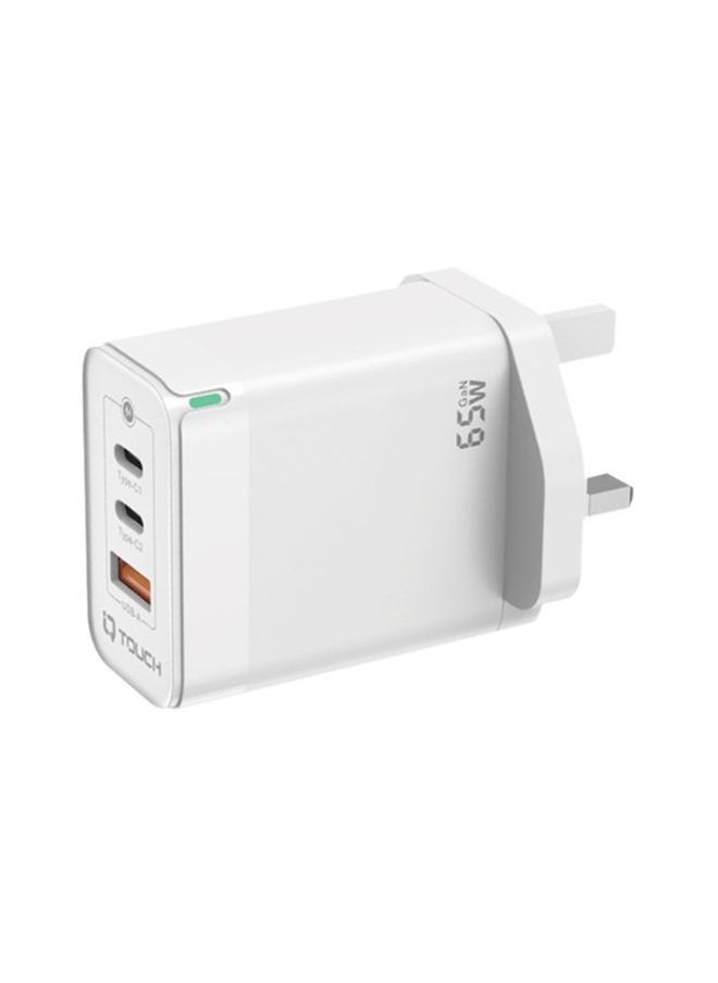 IQ TOUCH IQ Touch GaN Mini 65W USB-C Charger – 3-Port Fast Charging (2 USB-C + 1 USB-A), 65W PD, GaN Technology, Smart Chip, Compact & Lightweight – White  - Image 1