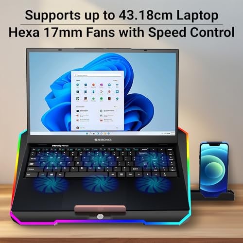 ZEBRONICS NC6500D Laptop Cooling Pad with Support up to 17 inch (43.18 cm) Laptops, Hexa Fans, Speed Control, RGB LED, Detachable Mobile Holder, 5 Step Retractable Stand, Built in USB Ports (Black) - Image 5