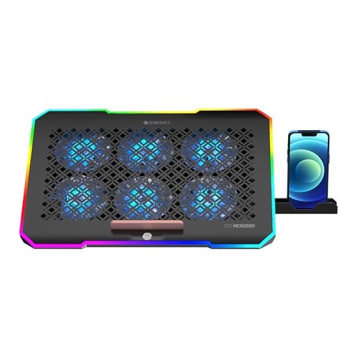 ZEBRONICS NC6500D Laptop Cooling Pad with Support up to 17 inch (43.18 cm) Laptops, Hexa Fans, Speed Control, RGB LED, Detachable Mobile Holder, 5 Step Retractable Stand, Built in USB Ports (Black) - Image 2