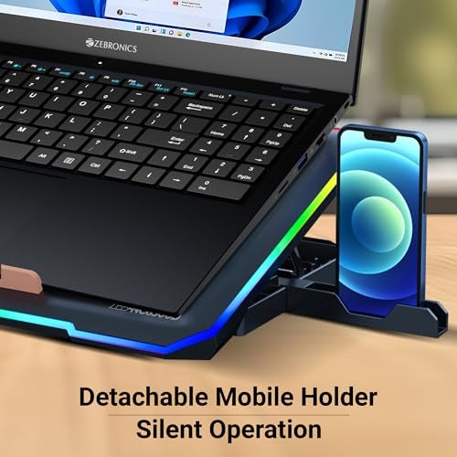 ZEBRONICS NC6500D Laptop Cooling Pad with Support up to 17 inch (43.18 cm) Laptops, Hexa Fans, Speed Control, RGB LED, Detachable Mobile Holder, 5 Step Retractable Stand, Built in USB Ports (Black) - Image 4