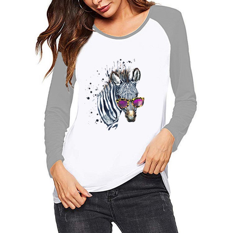 wish Independent Station Interesting Animal Pattern Printed Contrast Color Long Sleeve T-shirt for Women - Image 1
