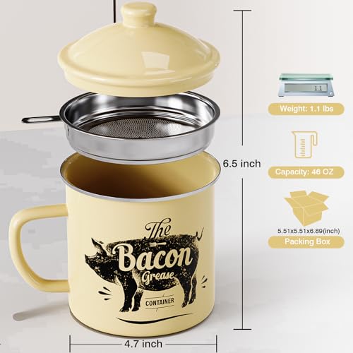 PGYARD Bacon Grease Container With Strainer, 46OZ Large Enamel Grease Container, With Silicone Spatula, Farmhouse Bacon Grease Keeper, Cooking Oil Container For Kitchen Fat Storage, Dishwasher Safe-Black - Image 2
