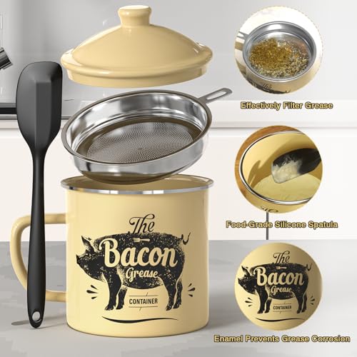 PGYARD Bacon Grease Container With Strainer, 46OZ Large Enamel Grease Container, With Silicone Spatula, Farmhouse Bacon Grease Keeper, Cooking Oil Container For Kitchen Fat Storage, Dishwasher Safe-Black - Image 4