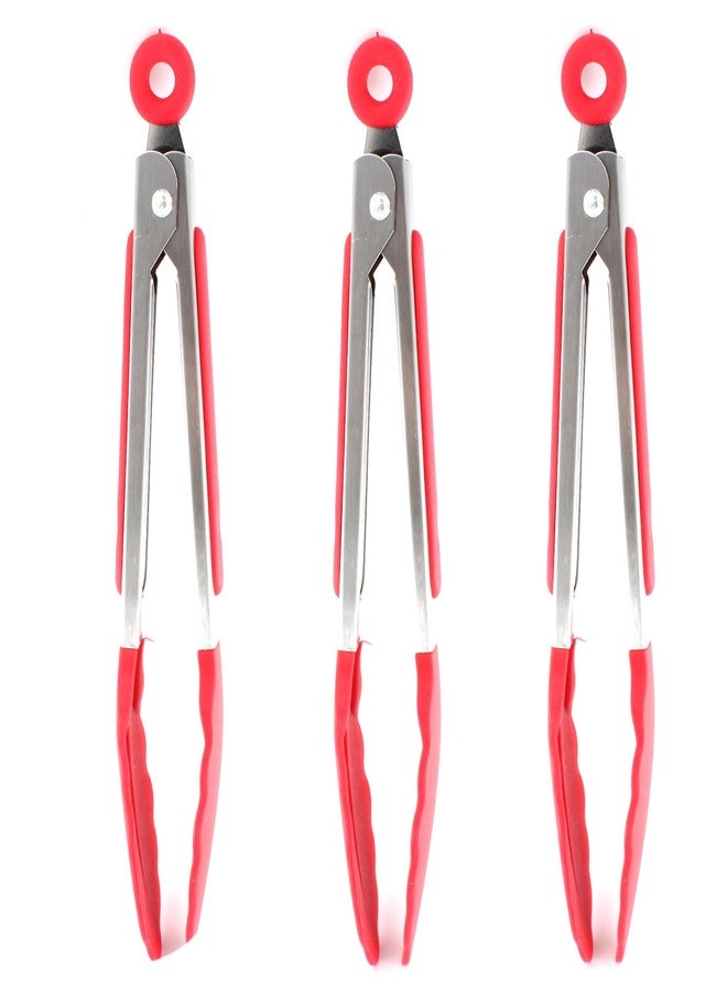 Septe 7Inch Mini Silicone Kitchen Tongs for serving food, Small Serving Tongs with Silicone Tips, Set of 3 (Red) - Image 1