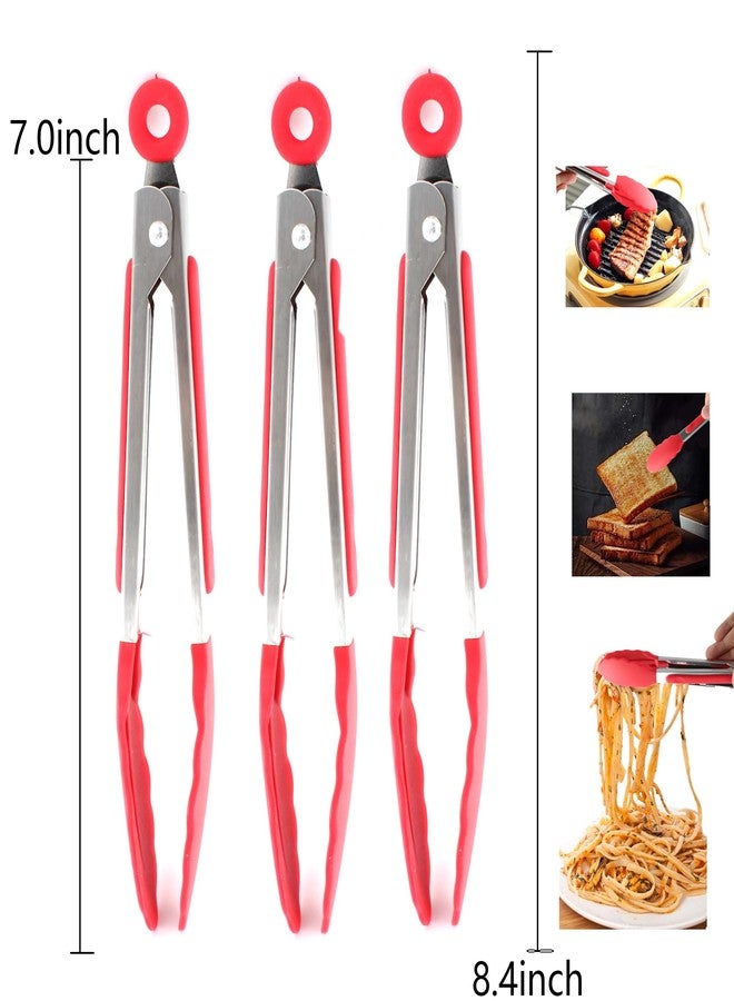 Septe 7Inch Mini Silicone Kitchen Tongs for serving food, Small Serving Tongs with Silicone Tips, Set of 3 (Red) - Image 4