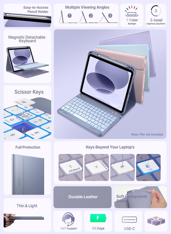 typecase حافظة لوحة مفاتيح Typecase Folio لجهاز iPad الجيل العاشر 10.9 بوصة (2022) وجهاز iPad الجيل الحادي عشر (A16، 2025)، لوحة مفاتيح لاسلكية مغناطيسية قابلة للفصل، إضاءة خلفية بسبعة ألوان، رفيعة وخفيفة، حامل قلم - لون لافندر - Image 3