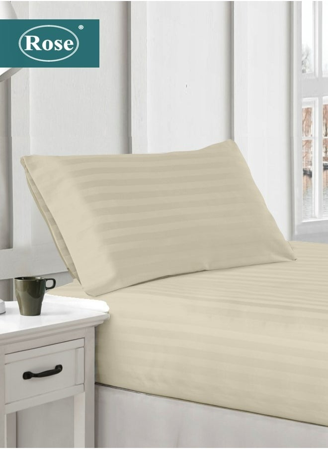 Rose - Rose Luxurious Hotel Stripe Fitted Sheet with Deep Pockets and Pillow Case, Bed Sheet 2-Pieces Set, Soft & Silky Microfiber Breathable and Cooling, Extra Twin Size 120x200+35 cm, Beige - Image 1