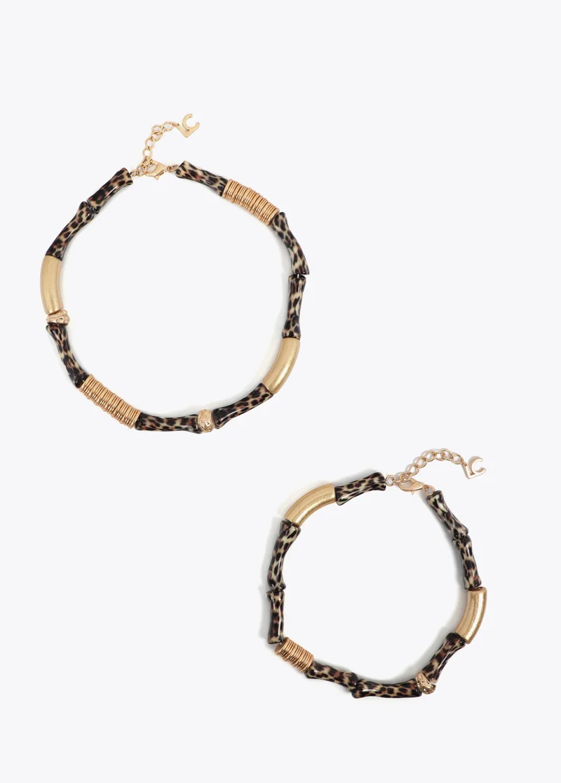 لولا كساديمونت Set of Two Necklaces with Metallic Bamboo Effect and Animal Print