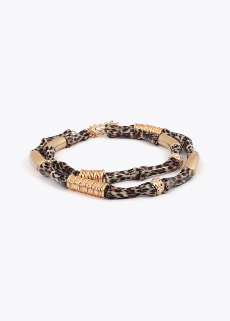 لولا كساديمونت Set of Two Necklaces with Metallic Bamboo Effect and Animal Print