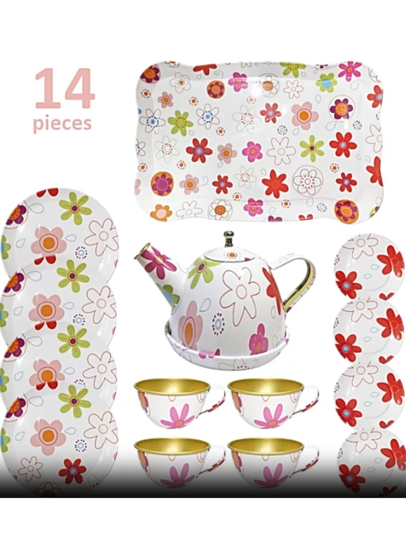 14-Piece Colorful World Series, Tea Set For Little Girls, Safe And Durable Children'S Toys, Children'S Gifts, Teapot Tableware Kitchen Role Play Tin Tea Party - Image 1