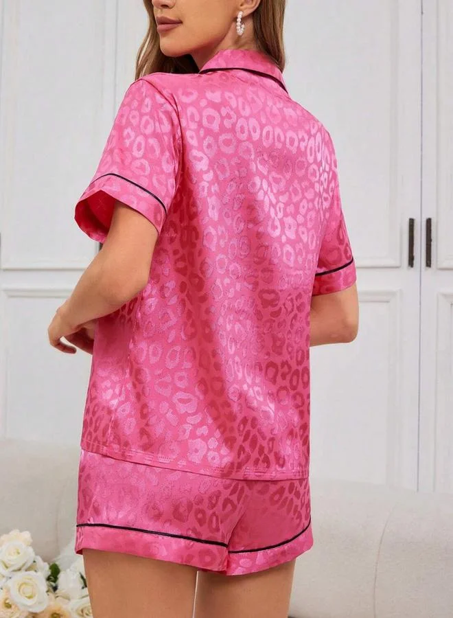 تايك تو Dark Pink Leopard Print Shirt and Shorts Pyjama Set