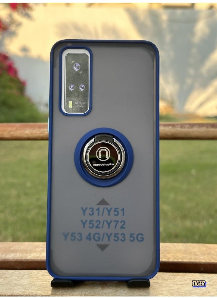 TIGER Compatible for Vivo Y31, Y51, Y52, Y72, Y53 Case – Thin Translucent Matte Back Cover with Camera Protection, 360° Rotational Car Mount Magnetic Ring Holder Case (Blue) - Image 1