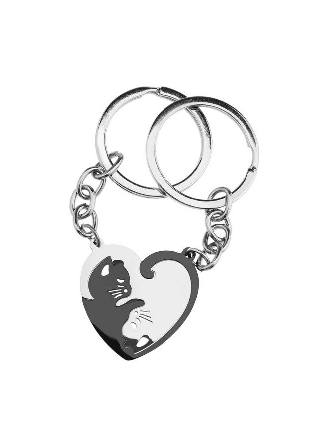 SING F LTD 1 Pair Keyrings/Necklaces Stainless Steel Couple Cats Heart-shaped Puzzle Pendant Matching Set, Black Silver, Keyring - Image 1