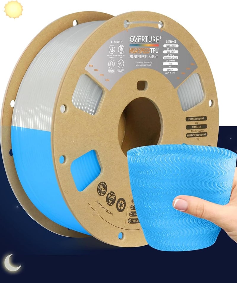 OVERTURE TPU High Speed Filament 1.75mm Flexible Roll, 95A Soft 3D Printer Filament, 1kg Spool (2.2 lbs), Fit Most FDM Printer (HS TPU Luminous Blue) - Image 1