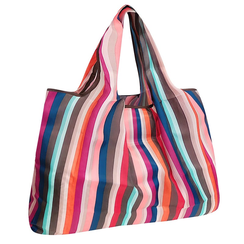 allydrew allydrew Large Foldable Tote Nylon Reusable Grocery Bag MultiColor Stripes 