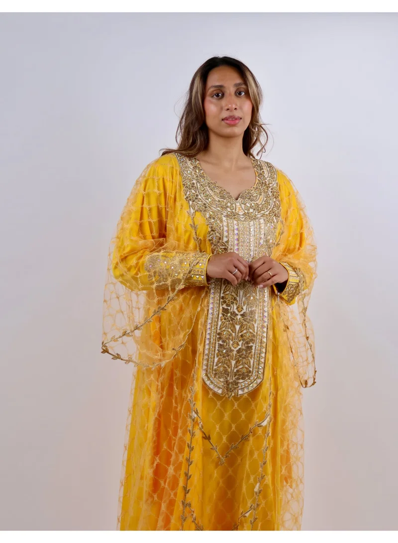 Premium Dual-Layer Mustard Yellow Jalabiya with Heavy Gold Embroidery