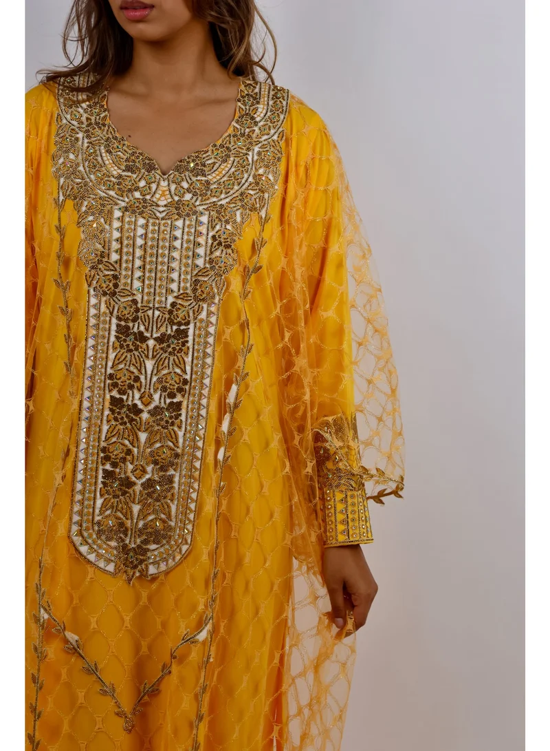 JAMEELA Premium Dual-Layer Mustard Yellow Jalabiya with Heavy Gold Embroidery