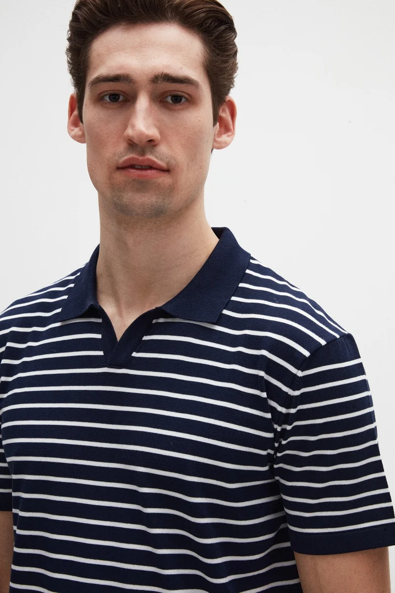 D'S DAMAT Ds Damat Slim Fit Navy Blue Rayon Polo Collar Zippered Knitwear T-Shirt 4HF06ORT10005