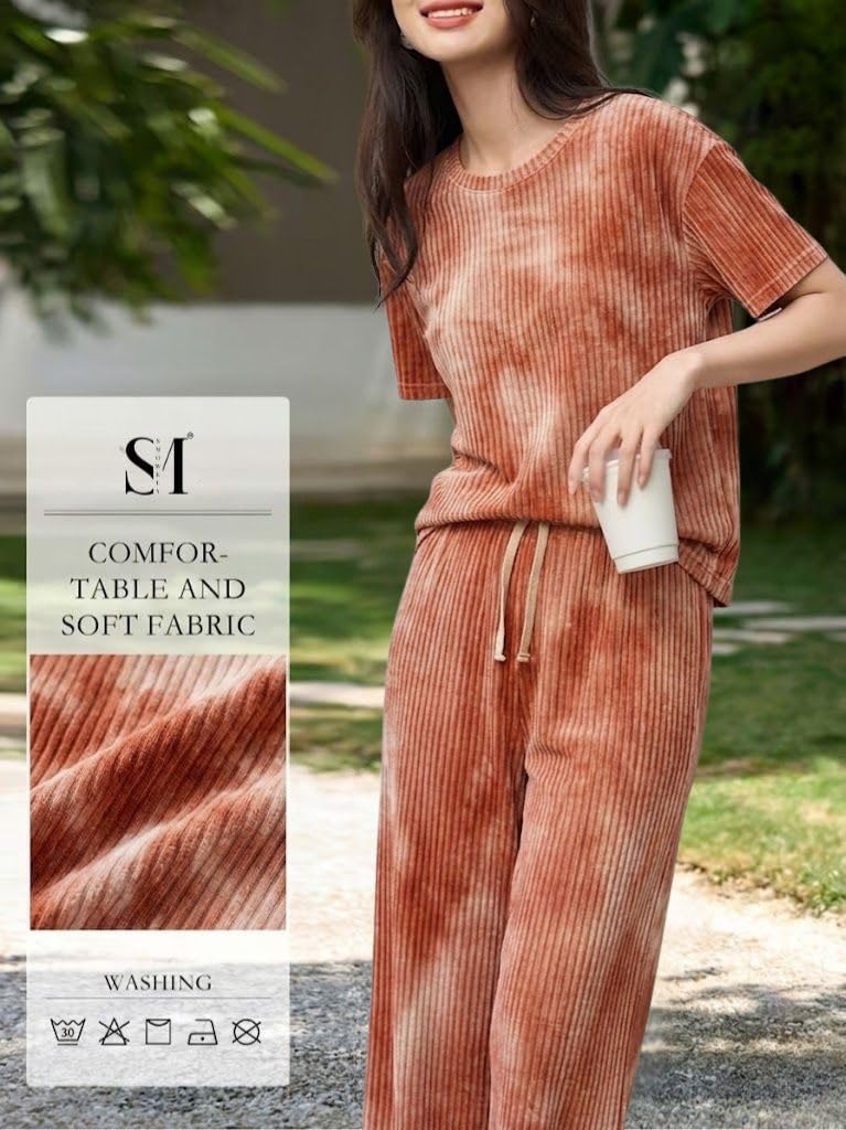 SMOWKLY Women’s Tie-Dye Pajama Set | Relaxed Fit Short Sleeve Top & Long Pants Sleepwear | Soft & Comfy Lounge Wear Set with Pockets winter wear for women | Trendy Korean Co-ord Set (1682_ORNG_S) - Image 4
