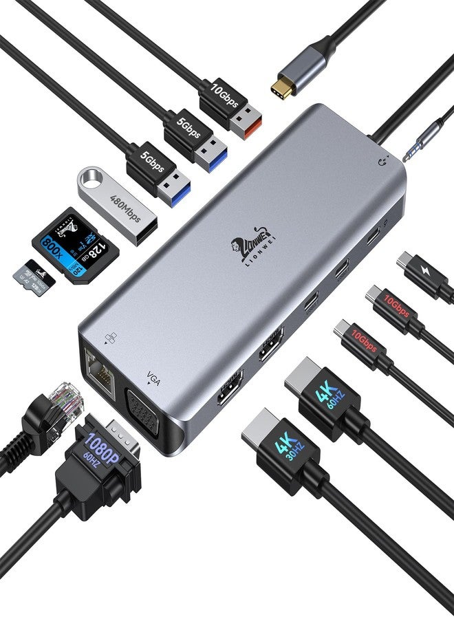LIONWEI محطة إرساء USB-C لشاشتين للكمبيوتر المحمول، موزع USB-C متعدد الوظائف من LIONWEI 14 في 1 مع شاشة ثلاثية، منفذي HDMI + VGA، منفذ إيثرنت، 6 منافذ USB 3.0/2.0، منفذ PD، منفذ SD/TF، منفذ صوت، محطة إرساء USB-C لأجهزة Surface/HP/Dell/Lenovo/MacBook - Image 1