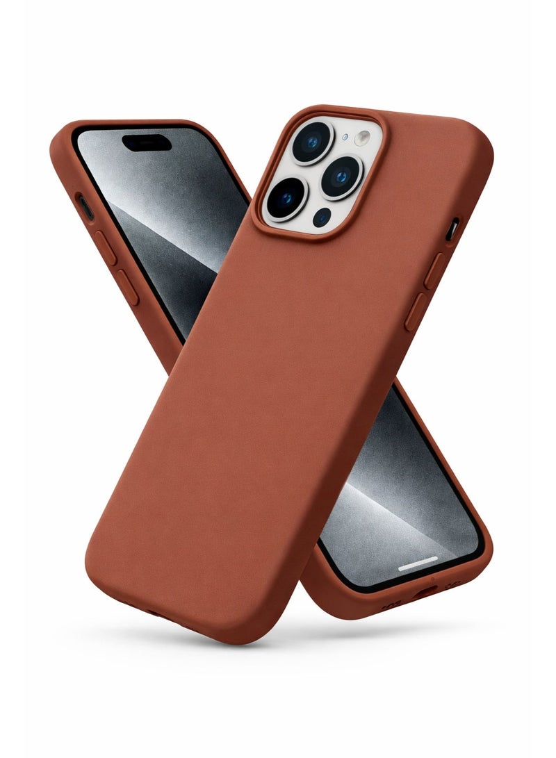 غطاء حماية من السيليكون الجل السائل لهاتف آيفون 15 برو مع بطانة داخلية من الألياف الدقيقة، ملمس حريري ناعم، مضاد للخدش، غطاء رقيق مقاوم للصدمات - لون بني محمر