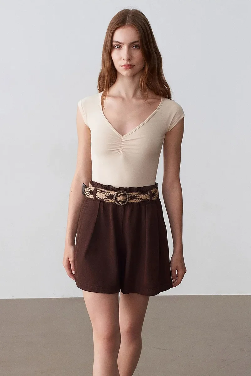 Dilvin Coffee Brown DILVIN High-Waist Wide-Leg Poplin Shorts With Belt for Women | Best Price UAE