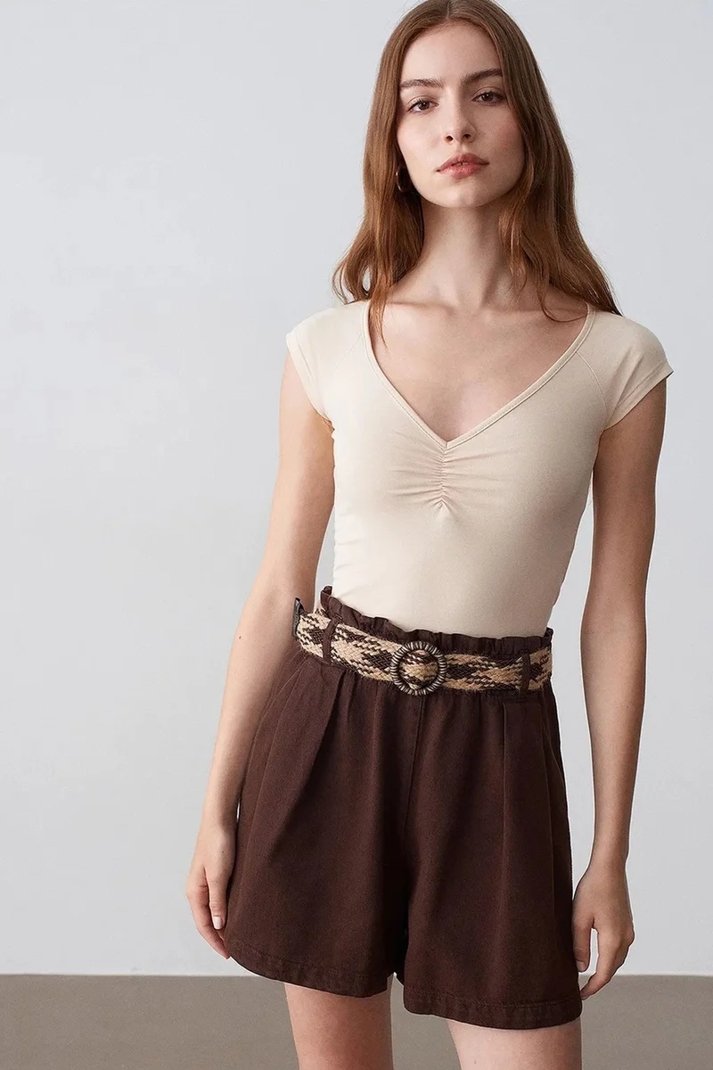 Dilvin Coffee Brown DILVIN High-Waist Wide-Leg Poplin Shorts With Belt for Women | Best Price UAE