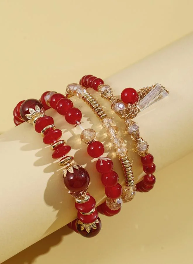 تايك تو مجموعة من 4 أساور خرزية أنيقة باللون الأحمر