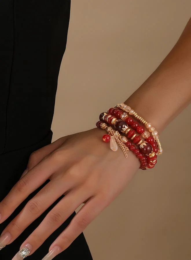 تايك تو مجموعة من 4 أساور خرزية أنيقة باللون الأحمر