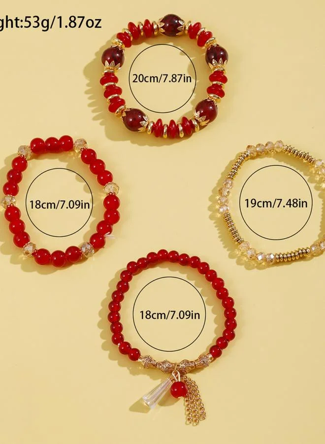 تايك تو مجموعة من 4 أساور خرزية أنيقة باللون الأحمر