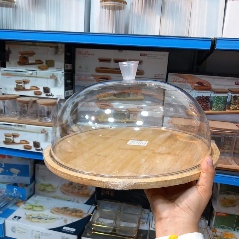 Generic Wooden Cake Stand with Acrylic Dome Cover, 30 cm Round Base, Natural Beech Wood .nin
