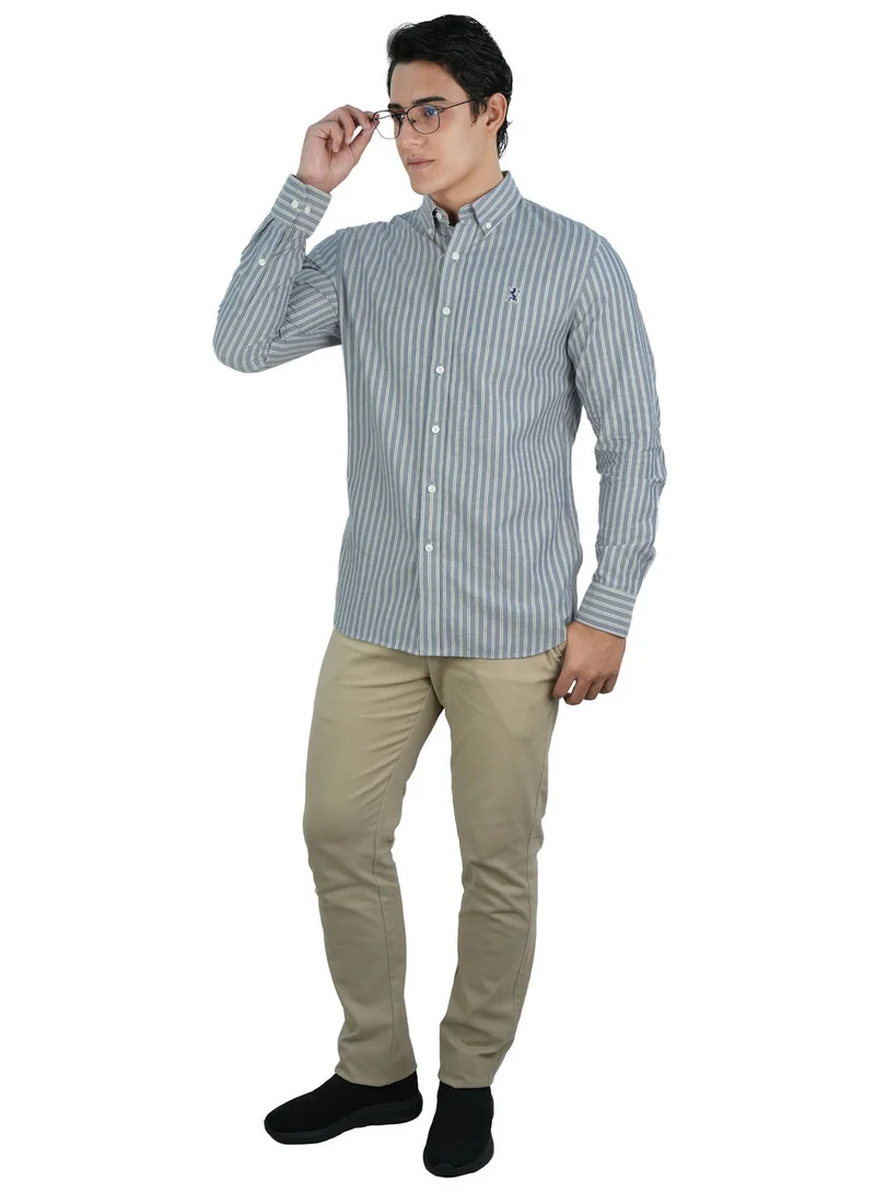 GIORDANO Men's Cotton Oxford Shirt - Small Lion Embroidery, Slim Fit, Full Button