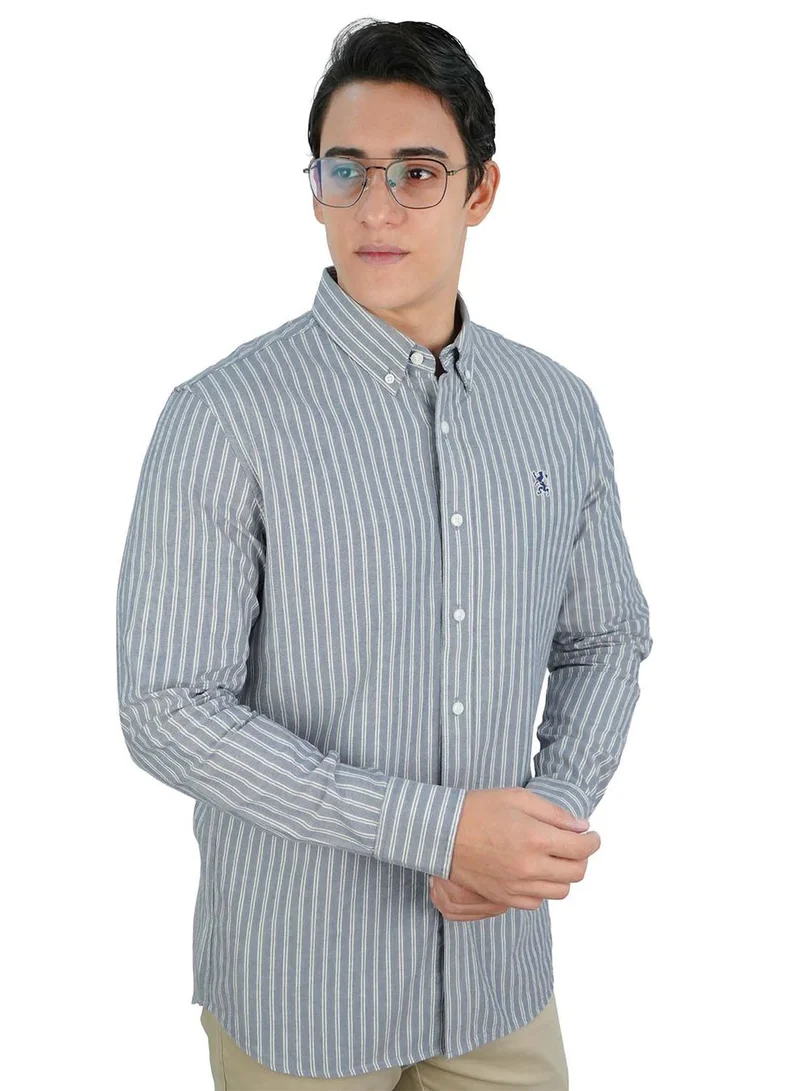 GIORDANO Men's Cotton Oxford Shirt - Small Lion Embroidery, Slim Fit, Full Button