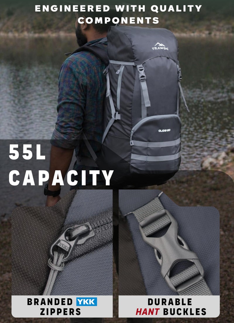 TRAWOC GLIDE 50 ltrs Rucksack Bag for Men & Women Travel Backpack for for Trekking & Hiking, LHK001, Grey - Image 2