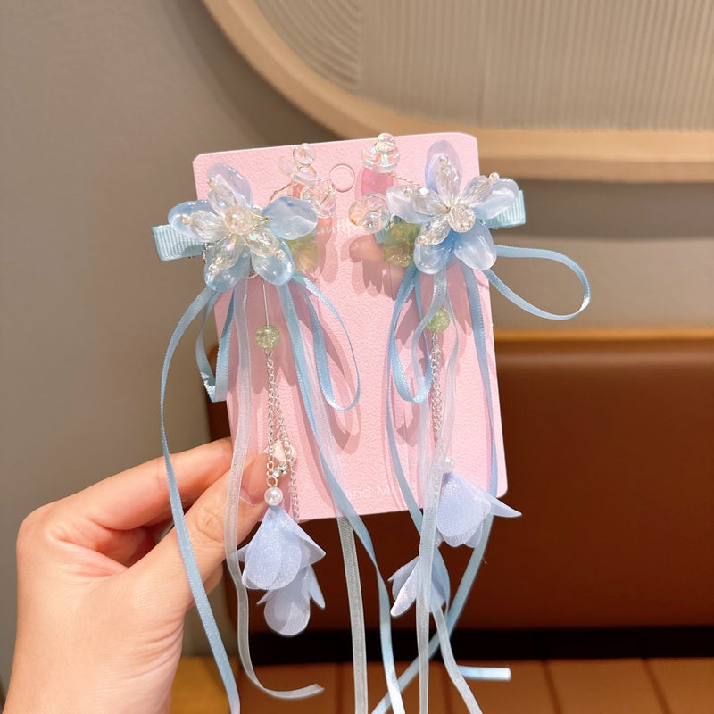 Generic New Childrens Antique Hair Accessories Flower Butterfly Antique Headwear Retro Tassel Streaming Belt Hanfu Hairpin Tang Clothing Accessories 48 big blue flowers (pair)