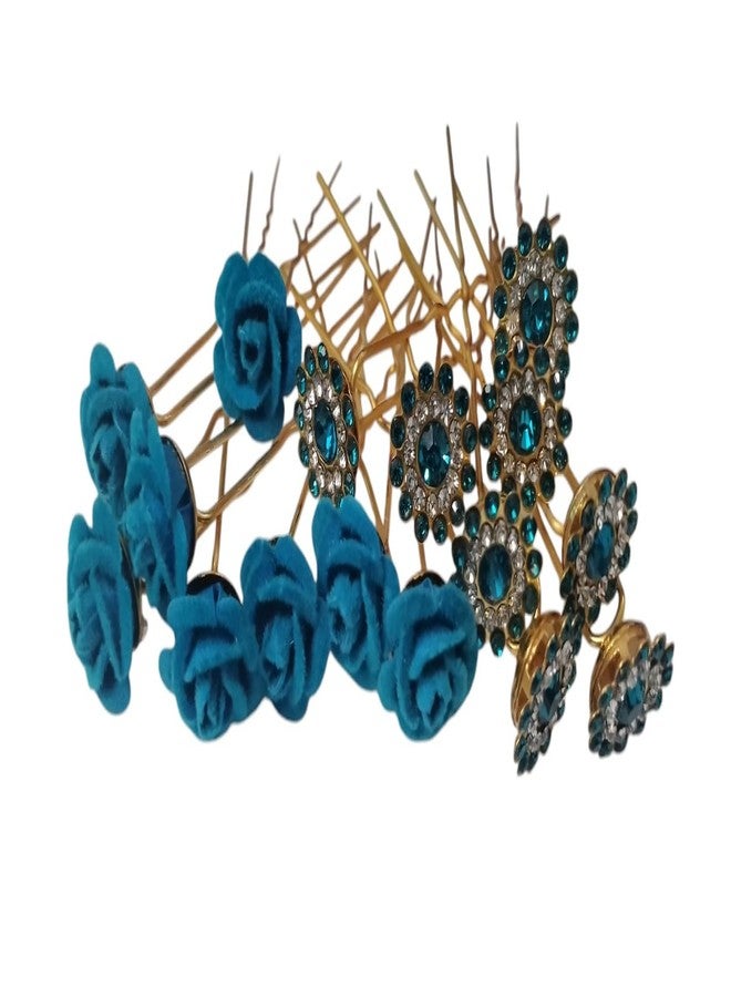 PRODUCTMINE مجموعة دبابيس شعر العروس من PRODUCTMINE® / دبابيس جودا ذهبية فاخرة مع وردة زرقاء صناعية وأحجار الراين الزرقاء للنساء والفتيات - مجموعة من 16 قطعة - Image 1