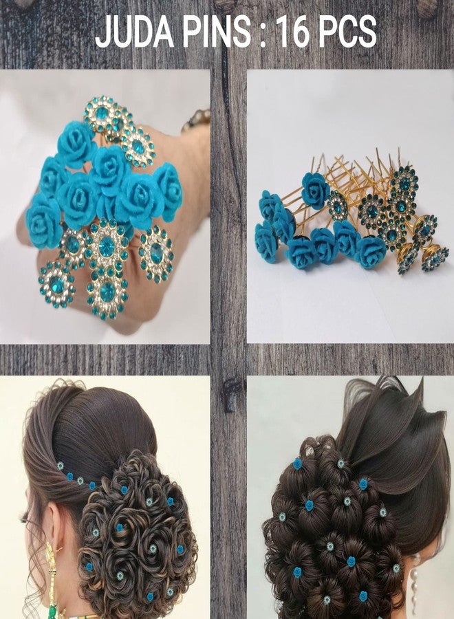 PRODUCTMINE مجموعة دبابيس شعر العروس من PRODUCTMINE® / دبابيس جودا ذهبية فاخرة مع وردة زرقاء صناعية وأحجار الراين الزرقاء للنساء والفتيات - مجموعة من 16 قطعة - Image 3