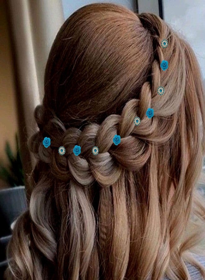 PRODUCTMINE مجموعة دبابيس شعر العروس من PRODUCTMINE® / دبابيس جودا ذهبية فاخرة مع وردة زرقاء صناعية وأحجار الراين الزرقاء للنساء والفتيات - مجموعة من 16 قطعة - Image 5