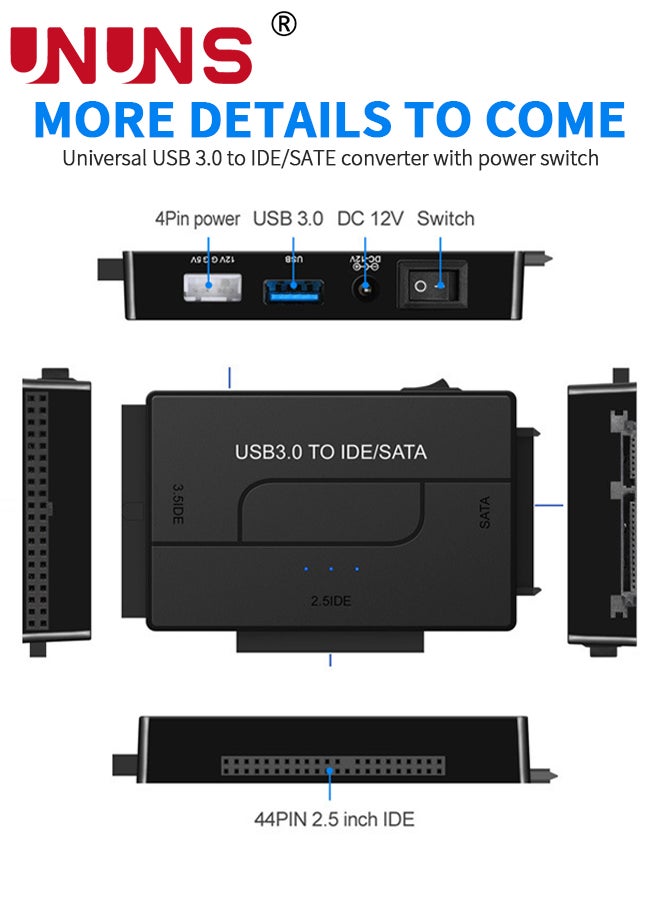 UNUNS - SATA IDE To USB 3.0 Hard Drive Adapter,External Hard Drive Adapter Kit,Ultra Recovery Reader Converter For Universal 2.5" 3.5" IDE HDD/SSD,CD/DVD Optical Drives - Image 1